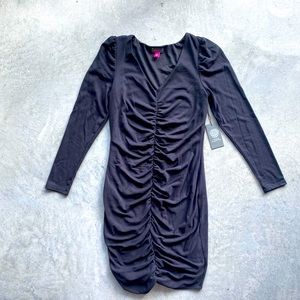 Black long sleeve V neck ruched bodycon mini dress